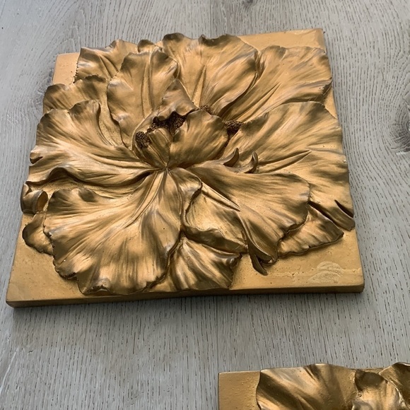 Gold wall art flowers textured heavy plastic set of two luxury home‎ decor 3D - Picture 7 of 12